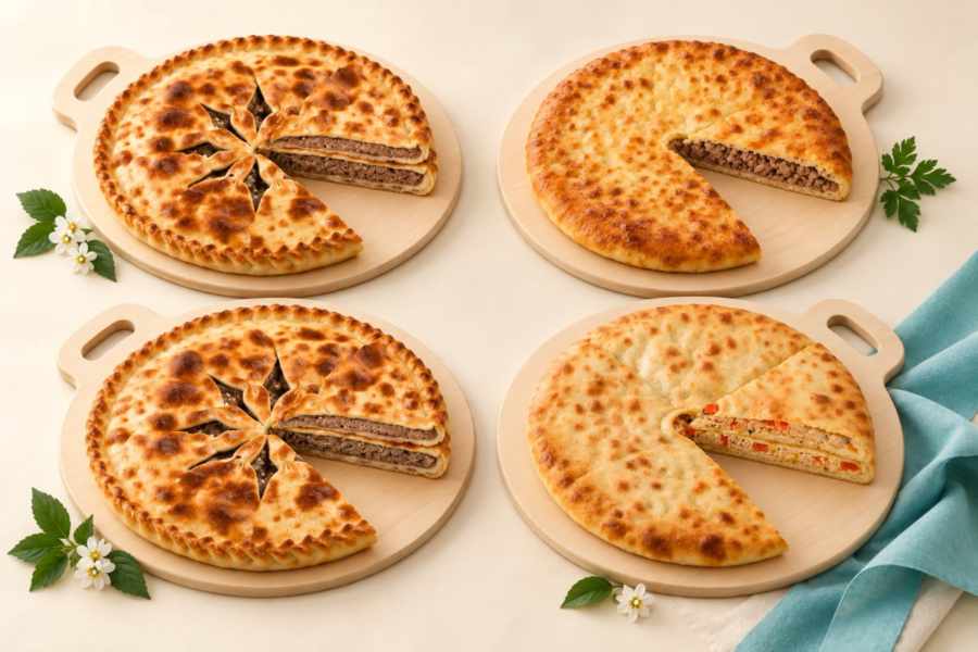 Набор «Мясной стол»: 4 пирога по 1200 г с вырезанными кусочками на досках